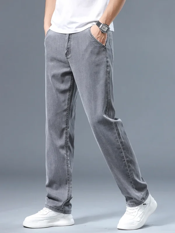 Summer Thin Men's Loose Straight Jeans Lyocell Soft Drape Business Casual Trousers Classic Smoke Gray Brand Ice Silk Pants - Image 3