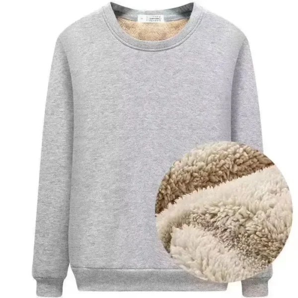 Unique Men's Lamb Wool Fleece Sweatshirt Comfortable Cap-Free Pure Grey Warm Top Loose-Fit Pullover Round Neck Winter