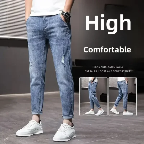 Spring New Men's Jeans Loose-fit Straight-leg Ripped Casual Nine-point Trousers Trendy Fashion Spring Autumn Male Suit