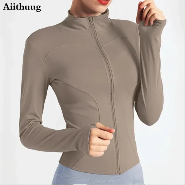 Aiithuug Slim Fit Lightweight Jackets With Thumb Holes Women's Full Zip-up Yoga Sports Running Jacket For Workout