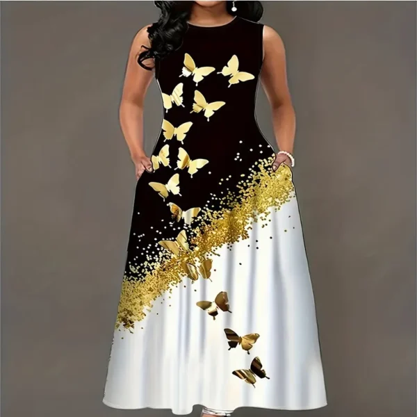 Plus size Popular European and American women's clothing in spring and summer, printed camisole round neck dress