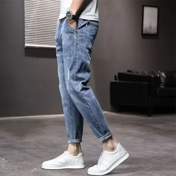 Spring New Men's Jeans Loose-fit Straight-leg Ripped Casual Nine-point Trousers Trendy Fashion Spring Autumn Male Suit - Image 2