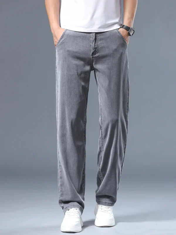 Summer Thin Men's Loose Straight Jeans Lyocell Soft Drape Business Casual Trousers Classic Smoke Gray Brand Ice Silk Pants - Image 4