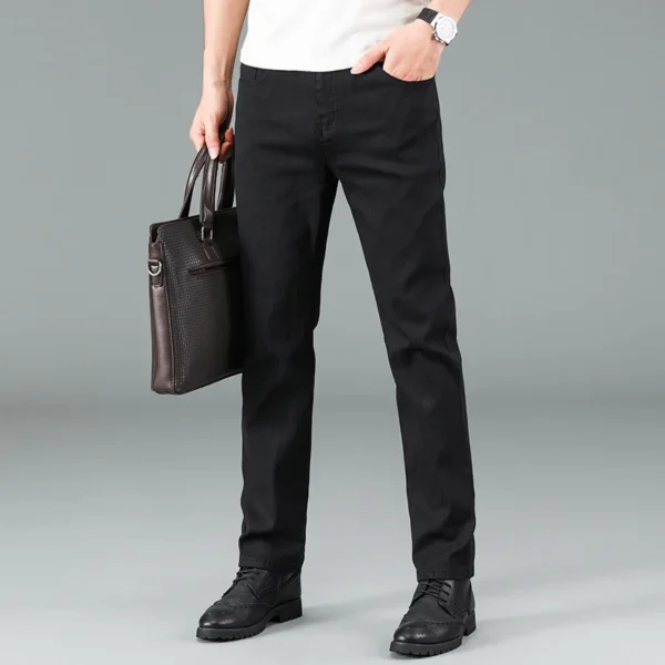 Men's pure black jeans Korean version trendy straight fit pants men's comfortable and elastic classic business jeans - Image 2