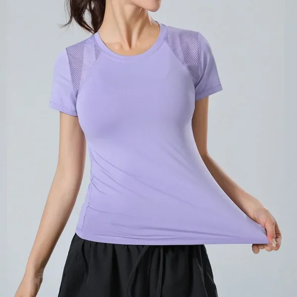 Mesh Stitching Reflective Strip Back Quick Dry Elastic Breathable Basic Short Sleeve Yoga T-shirt Women Gym Fitness Top - Image 3