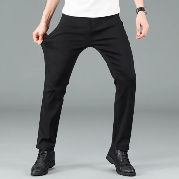 Men's pure black jeans Korean version trendy straight fit pants men's comfortable and elastic classic business jeans - Image 4