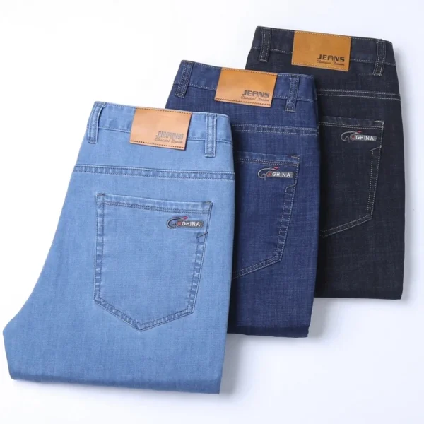 Spring/summer Thin Denim Straight Cotton Stretch Jeans Men Business Casual Cloth High Waist Ice Silk Lightweight Trousers - Image 5