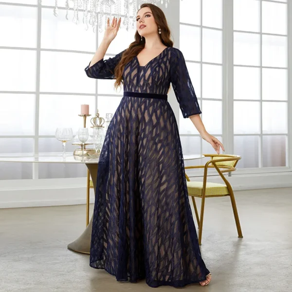 Plus Size Lace Party Dresses V Neck Embroidery Long Sleeve Elegant Evening Prom Dresses Large Female Wedding Bridesmaid Dresses