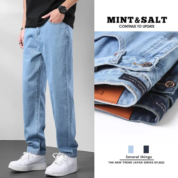 Light Blue American Retro Jeans Men Soft Loose Straight Cylinder High Street Workwear Casual Loose Legs Pants - Image 2