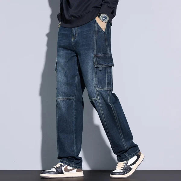 Men's 97% Cotton Straight Cargo Jeans Trendy Multi-pocket Nostalgic Loose Trousers Man American Vintage Fashion Denim Pants - Image 3