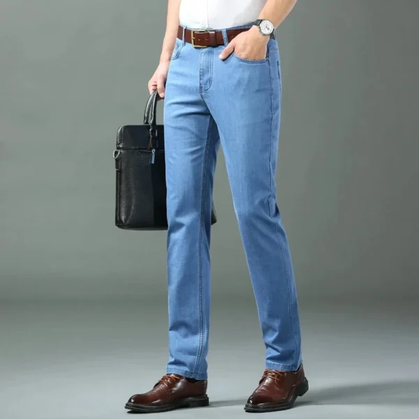 Spring/summer Thin Denim Straight Cotton Stretch Jeans Men Business Casual Cloth High Waist Ice Silk Lightweight Trousers - Image 4