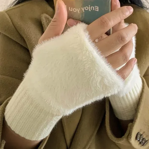 Mink Fleece Soft Winter Half Finger Gloves Women Warm Luxury Solid White Plush Knitted Fingerless Gloves Wrist Mittens Writting - Image 3