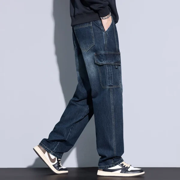 Men's 97% Cotton Straight Cargo Jeans Trendy Multi-pocket Nostalgic Loose Trousers Man American Vintage Fashion Denim Pants - Image 2