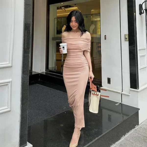 Spring Europe and the United States one shoulder ruffle dress plus size slim slit bottom dress dress dress