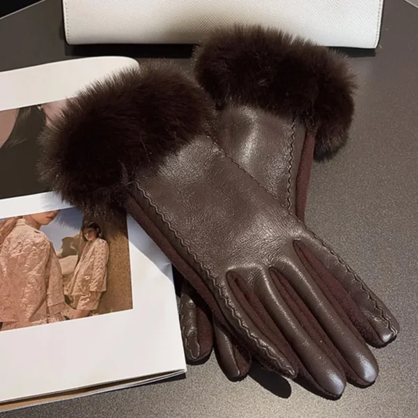 Luxury Women's PU Leather Gloves for Cold Weather Winter Warm Gloves with Soft Faux Fur Trim Cuff Thermal Lining Party Gloves