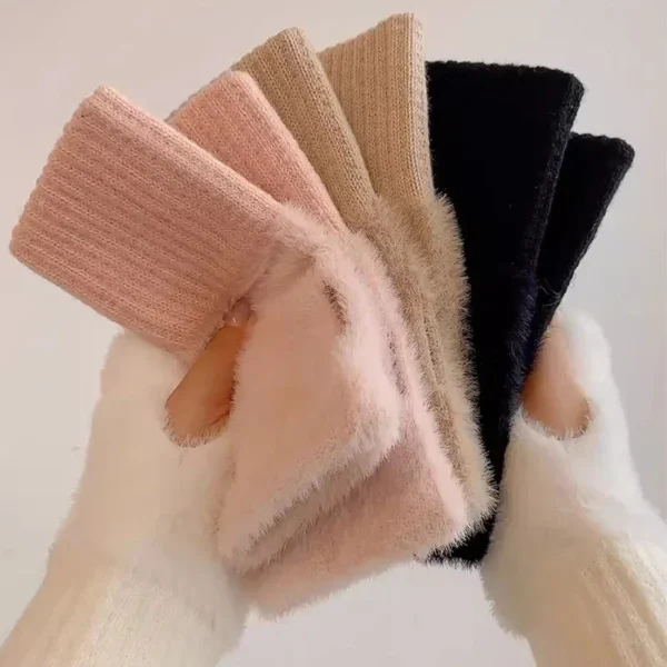 Mink Fleece Soft Winter Half Finger Gloves Women Warm Luxury Solid White Plush Knitted Fingerless Gloves Wrist Mittens Writting - Image 6