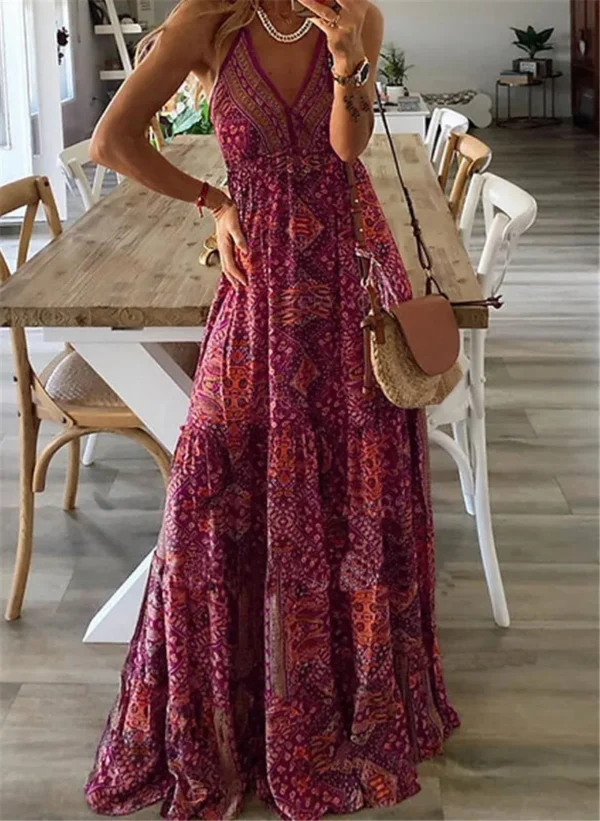 2024 Europe and the United States cross-border plus-size new slip long skirt high-waisted V-neck printed floral dress