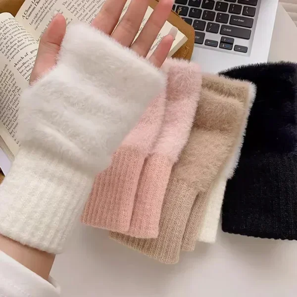 Mink Fleece Soft Winter Half Finger Gloves Women Warm Luxury Solid White Plush Knitted Fingerless Gloves Wrist Mittens Writting - Image 4