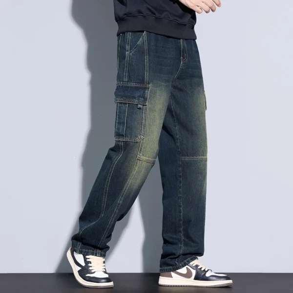 Men's 97% Cotton Straight Cargo Jeans Trendy Multi-pocket Nostalgic Loose Trousers Man American Vintage Fashion Denim Pants - Image 4